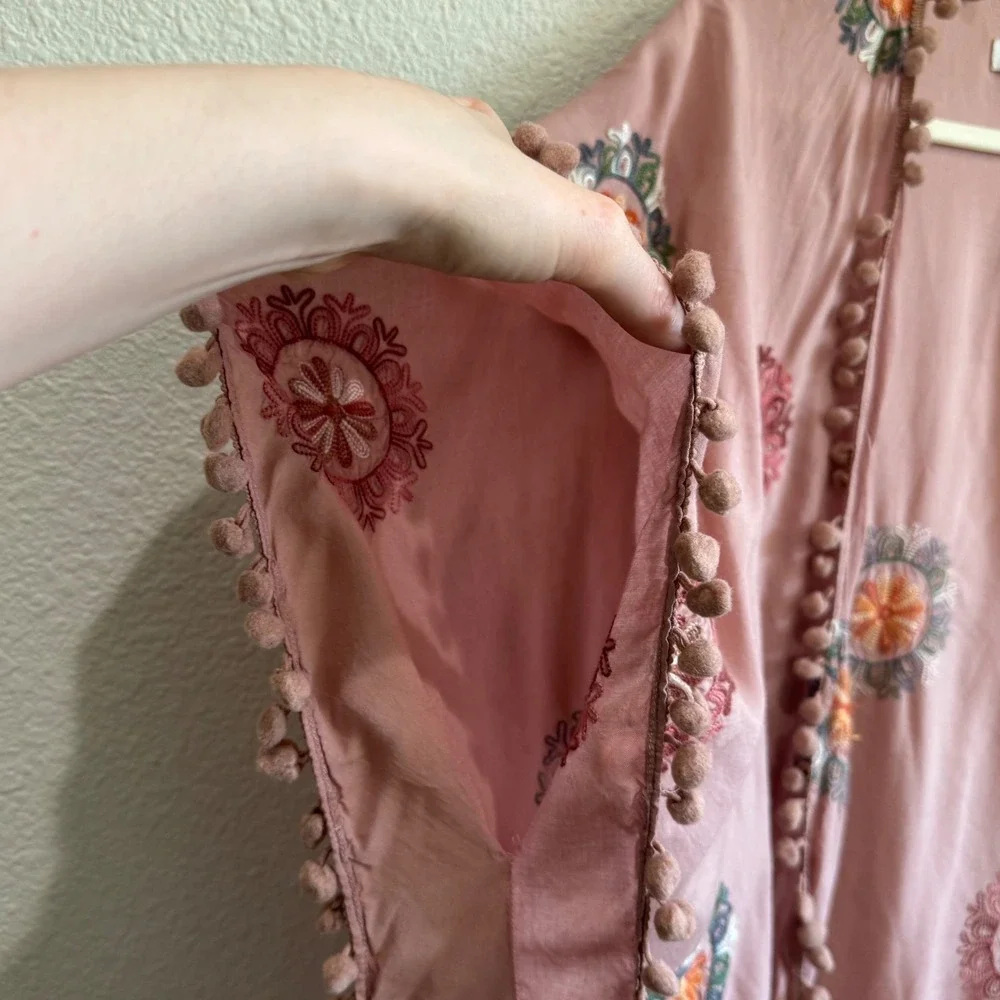 Coldwater Creek Womens Embroidered Mandala Pom Pom Kimono Wrap Cardigan One Size
